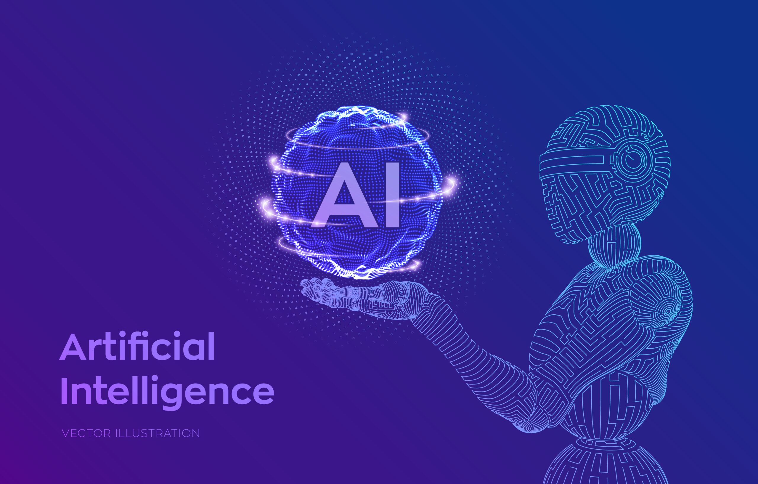 ai. artificial intelligence. wireframe robot. ai in robotic hand. machine learning and cyber mind domination concept. technology sci fi concept. graphic design concept of future. vector illustration.